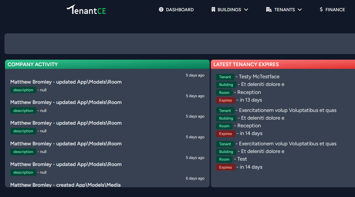 Customisable Dashboard in the TenantCE app